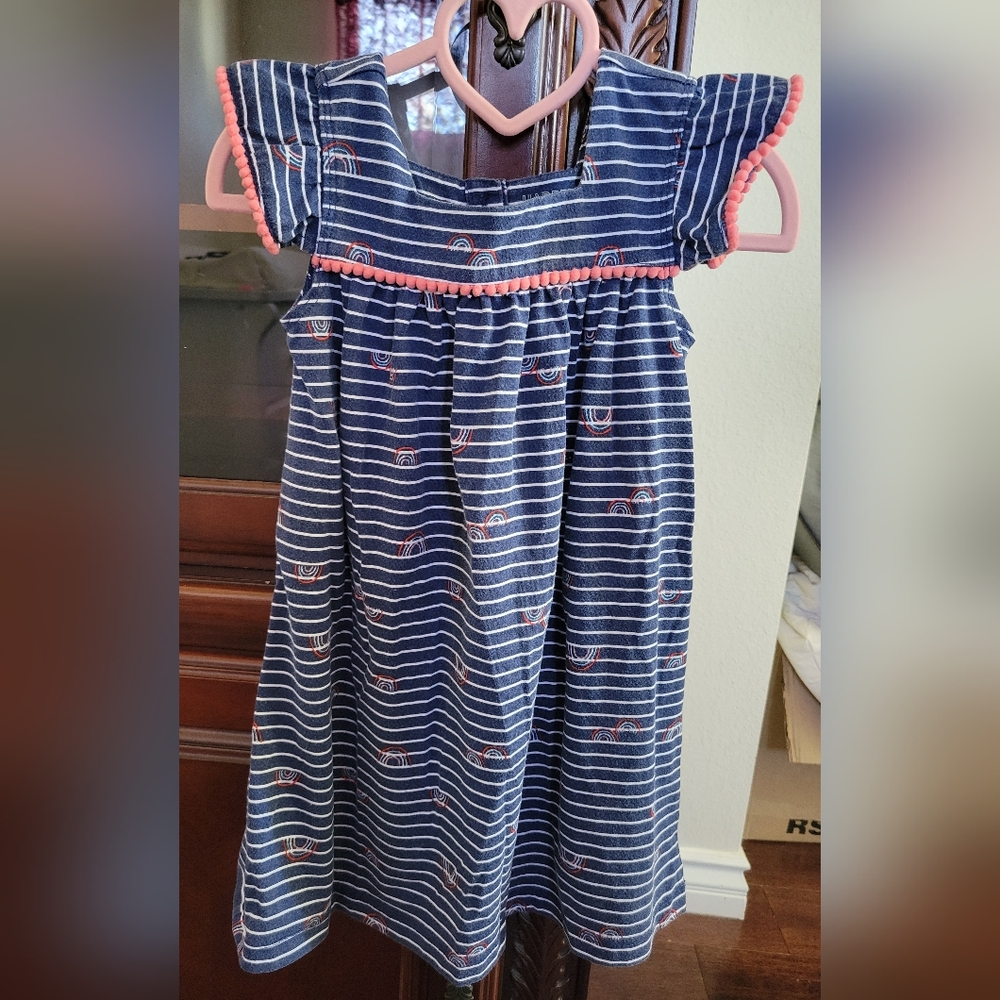 Harper Canyon Blue And White Striped Rainbow Dress With Pink Pompom